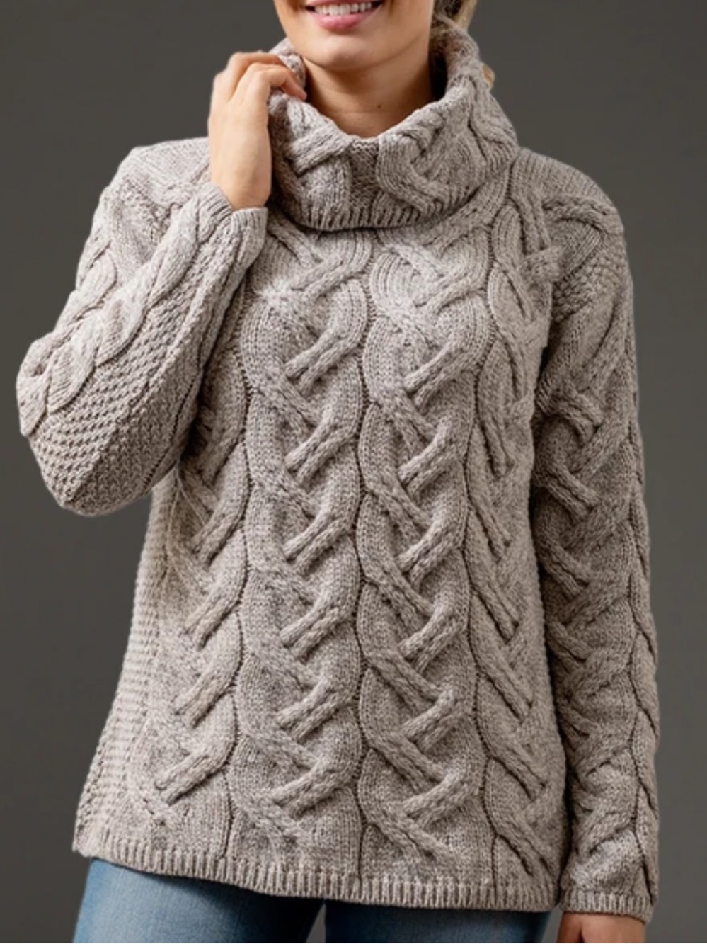 ARAN SWEATER MARKET Super Soft Chunky Cable Cowl Neck Sweater Lg Toasted Oat - Picture 2 of 10